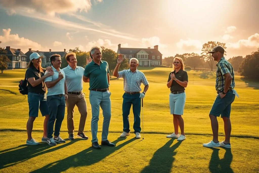 A celebratory scene of golfers elated after a hole-in-one on a sun-dappled course. In the foreground, a group of friends enthusiastically congratulate the triumphant player, their expressions radiating joy and camaraderie. Surrounding them, the lush green fairway leads the eye towards a well-manicured putting green, where the hole lies invitingly. In the distance, the clubhouse stands tall, its architecture evoking the rich tradition of the sport. Warm, golden light filters through wispy clouds, casting a soft, ethereal glow over the entire scene. The composition captures the sense of accomplishment, shared excitement, and timeless elegance that defines the hole-in-one experience.