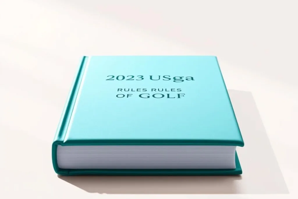 A clean and minimalist illustration of the "2023 USGA Rules of Golf Update", featuring a vibrant, glossy hardcover book with a matte dust jacket. The cover design is elegantly understated, with the book title prominently displayed in a modern, sans-serif font. The book is set against a softly blurred background, with subtle lighting casting gentle shadows to create depth and dimension. The overall aesthetic is professional, informative, and visually appealing, suitable for an educational article on the latest USGA golf rule changes.