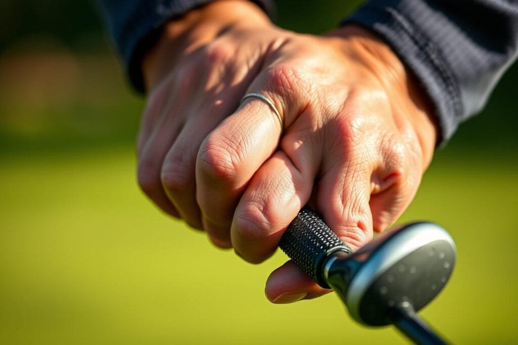 A close-up view of a golfer's hands gripping a golf club, with the fingers wrapped firmly around the grip. The pressure in the fingertips and palms is clearly visible, conveying the tension and control required for a successful golf swing. The lighting is soft and natural, highlighting the textured surface of the leather grip and the subtle lines and contours of the skin. The background is blurred, keeping the focus on the hands and grip. The overall mood is one of concentration and precision, reflecting the importance of this fundamental aspect of the golf swing. A close-up view of a golfer's hands gripping a golf club, with the fingers wrapped firmly around the grip. The pressure in the fingertips and palms is clearly visible, conveying the tension and control required for a successful golf swing. The lighting is soft and natural, highlighting the textured surface of the leather grip and the subtle lines and contours of the skin. The background is blurred, keeping the focus on the hands and grip. The overall mood is one of concentration and precision, reflecting the importance of this fundamental aspect of the golf swing.