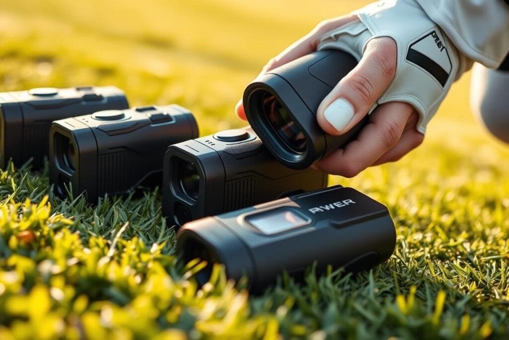 A close-up view of several high-tech golf rangefinders resting on a green fairway, with a professional golfer's hand holding one of the devices. The rangefinders have sleek, modern designs with tactile control buttons and digital displays. Warm, natural daylight filters through the scene, casting subtle shadows and highlights that accentuate the textures and contours of the instruments. The focus is sharp, drawing the viewer's attention to the intricate details and premium, durable construction of the rangefinders, conveying a sense of precision and reliability essential for professional use on the golf course.