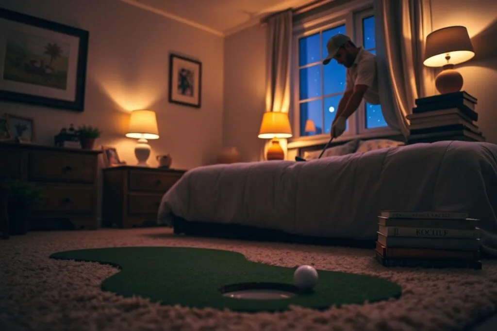 A cozy bedroom scene, dimly lit by warm lamps, with a plush carpet and wooden furniture. In the foreground, a golfer in casual attire is mid-swing, their club effortlessly striking a small golf ball that appears to float mid-air. Carefully positioned obstacles, such as a bedside table, a potted plant, and a stack of books, create a challenging putting course leading to a miniature golf hole set into the floor. The atmosphere is one of serene concentration, with the golfer's face reflecting their focus on the game. The background features a partially open window, revealing a starry night sky, lending a sense of tranquility to the intimate bedroom setting.