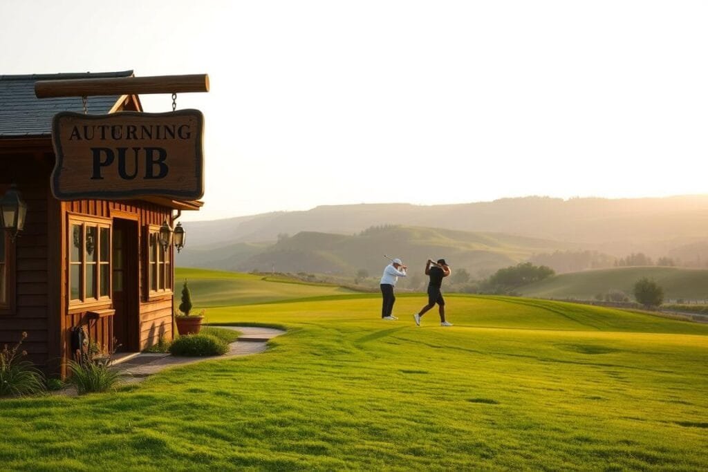 A cozy, rustic pub nestled amidst a rolling golf course landscape. The foreground features a wooden sign with the pub's name painted on it, surrounded by lush green grass and a few scattered trees. In the middle ground, golfers in casual attire tee off from a well-manicured fairway, their swings silhouetted against a backdrop of gently sloping hills. The sky is softly lit with a warm, golden glow, creating a welcoming and inviting atmosphere. The scene is captured with a wide-angle lens, emphasizing the picturesque blend of the traditional pub and the serene, pastoral golf course.