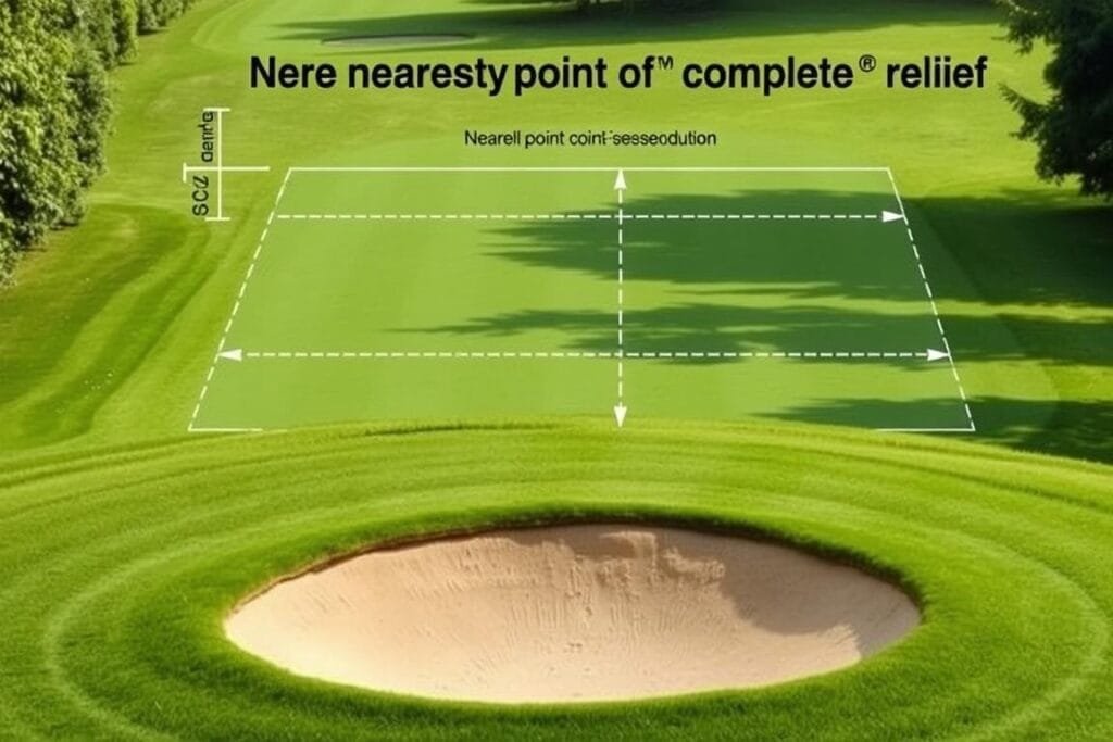 A detailed diagram showcasing the nearest point of complete relief on a golf course. The scene features a neatly mowed fairway surrounded by lush greenery and a sand trap in the foreground. The diagram is rendered in a clean, technical style with precise lines and measurements indicating the relevant distances and angles. Neutral lighting casts subtle shadows, highlighting the contours of the terrain. The composition emphasizes the clarity and utility of the diagram, conveying a sense of practical guidance for navigating golf course obstacles. The image is devoid of any extraneous elements, allowing the diagram to take center stage and serve its informative purpose. A detailed diagram showcasing the nearest point of complete relief on a golf course. The scene features a neatly mowed fairway surrounded by lush greenery and a sand trap in the foreground. The diagram is rendered in a clean, technical style with precise lines and measurements indicating the relevant distances and angles. Neutral lighting casts subtle shadows, highlighting the contours of the terrain. The composition emphasizes the clarity and utility of the diagram, conveying a sense of practical guidance for navigating golf course obstacles. The image is devoid of any extraneous elements, allowing the diagram to take center stage and serve its informative purpose.