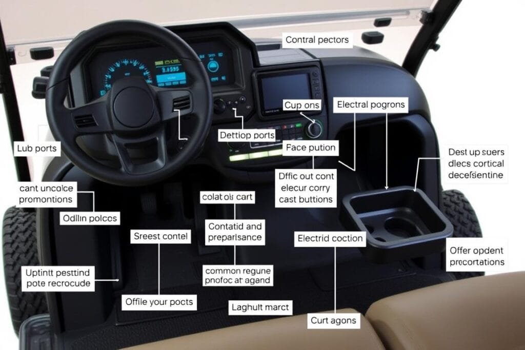 A detailed, high-quality image of the customization options and accessories for the Club Car Onward golf cart, both gas and electric models. The image should showcase a well-lit, close-up view of the cart's dashboard, control panel, and various add-on features such as cup holders, USB ports, storage compartments, and other optional upgrades. The perspective should be slightly angled, providing a clear and comprehensive look at the customization possibilities. The image should convey a sense of modern, premium design and quality, with a clean, professional aesthetic that aligns with the article's subject matter. A detailed, high-quality image of the customization options and accessories for the Club Car Onward golf cart, both gas and electric models. The image should showcase a well-lit, close-up view of the cart's dashboard, control panel, and various add-on features such as cup holders, USB ports, storage compartments, and other optional upgrades. The perspective should be slightly angled, providing a clear and comprehensive look at the customization possibilities. The image should convey a sense of modern, premium design and quality, with a clean, professional aesthetic that aligns with the article's subject matter.