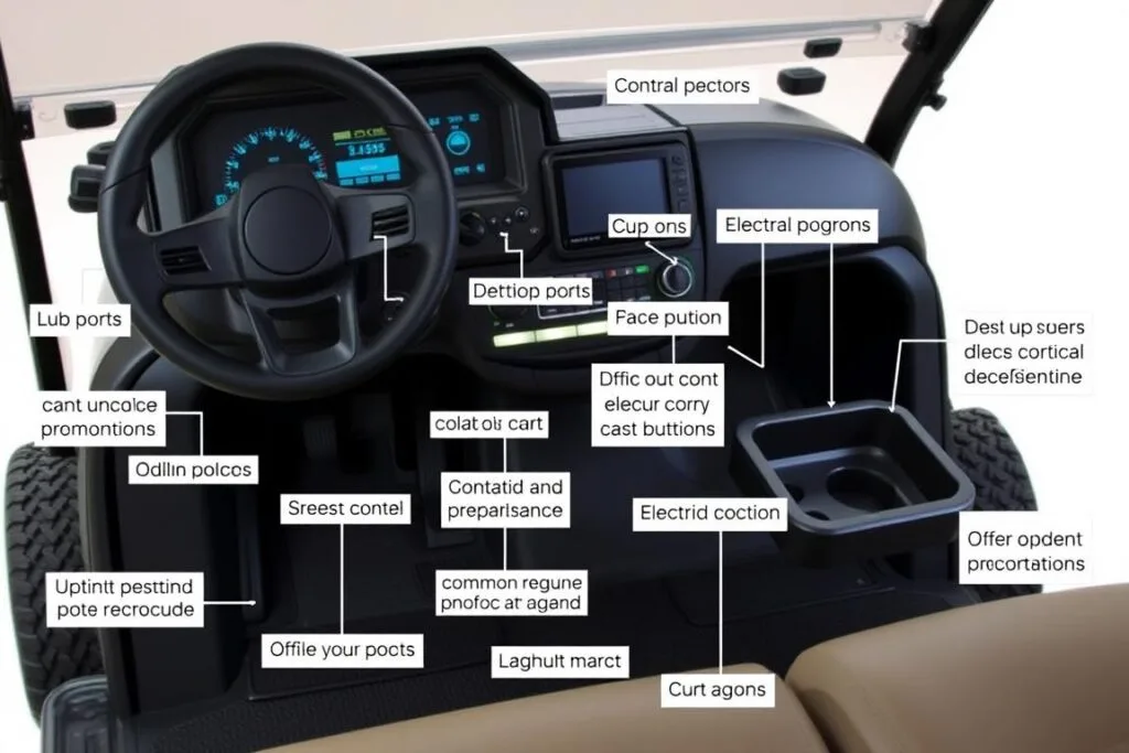 A detailed, high-quality image of the customization options and accessories for the Club Car Onward golf cart, both gas and electric models. The image should showcase a well-lit, close-up view of the cart's dashboard, control panel, and various add-on features such as cup holders, USB ports, storage compartments, and other optional upgrades. The perspective should be slightly angled, providing a clear and comprehensive look at the customization possibilities. The image should convey a sense of modern, premium design and quality, with a clean, professional aesthetic that aligns with the article's subject matter. A detailed, high-quality image of the customization options and accessories for the Club Car Onward golf cart, both gas and electric models. The image should showcase a well-lit, close-up view of the cart's dashboard, control panel, and various add-on features such as cup holders, USB ports, storage compartments, and other optional upgrades. The perspective should be slightly angled, providing a clear and comprehensive look at the customization possibilities. The image should convey a sense of modern, premium design and quality, with a clean, professional aesthetic that aligns with the article's subject matter.