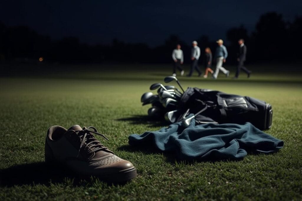 A dimly lit golf course at dusk, with shadows cast across the fairway. In the foreground, a pair of scuffed, muddy golf shoes and a tattered, oversized golf shirt lie discarded on the ground, conveying a sense of neglect and disregard for golf course etiquette. The middle ground features a golfer's bag with a mix of mismatched, outdated clubs spilling out, suggesting a lack of investment in proper equipment. In the background, a group of golfers in crisp, well-tailored attire stride confidently across the lush, manicured green, highlighting the contrast between proper and improper golf attire. A dimly lit golf course at dusk, with shadows cast across the fairway. In the foreground, a pair of scuffed, muddy golf shoes and a tattered, oversized golf shirt lie discarded on the ground, conveying a sense of neglect and disregard for golf course etiquette. The middle ground features a golfer's bag with a mix of mismatched, outdated clubs spilling out, suggesting a lack of investment in proper equipment. In the background, a group of golfers in crisp, well-tailored attire stride confidently across the lush, manicured green, highlighting the contrast between proper and improper golf attire.
