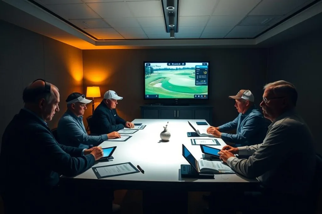 A dimly lit indoor scene, with a well-lit conference table at the center. Around the table, several golf rules officials sit, intently focused on the advanced technology before them - tablet computers, digital rulebooks, and high-resolution video feeds from the course. The officials wear professional attire, exuding an air of authority and expertise. Soft, warm lighting casts a subtle glow, creating a pensive, contemplative atmosphere as they carefully deliberate and make rulings. In the background, a large display screen shows a live feed of the ongoing golf tournament, providing real-time data and visuals to aid their decision-making process. The scene conveys the intersection of tradition and technology in modern golf rules officiating. A dimly lit indoor scene, with a well-lit conference table at the center. Around the table, several golf rules officials sit, intently focused on the advanced technology before them - tablet computers, digital rulebooks, and high-resolution video feeds from the course. The officials wear professional attire, exuding an air of authority and expertise. Soft, warm lighting casts a subtle glow, creating a pensive, contemplative atmosphere as they carefully deliberate and make rulings. In the background, a large display screen shows a live feed of the ongoing golf tournament, providing real-time data and visuals to aid their decision-making process. The scene conveys the intersection of tradition and technology in modern golf rules officiating.