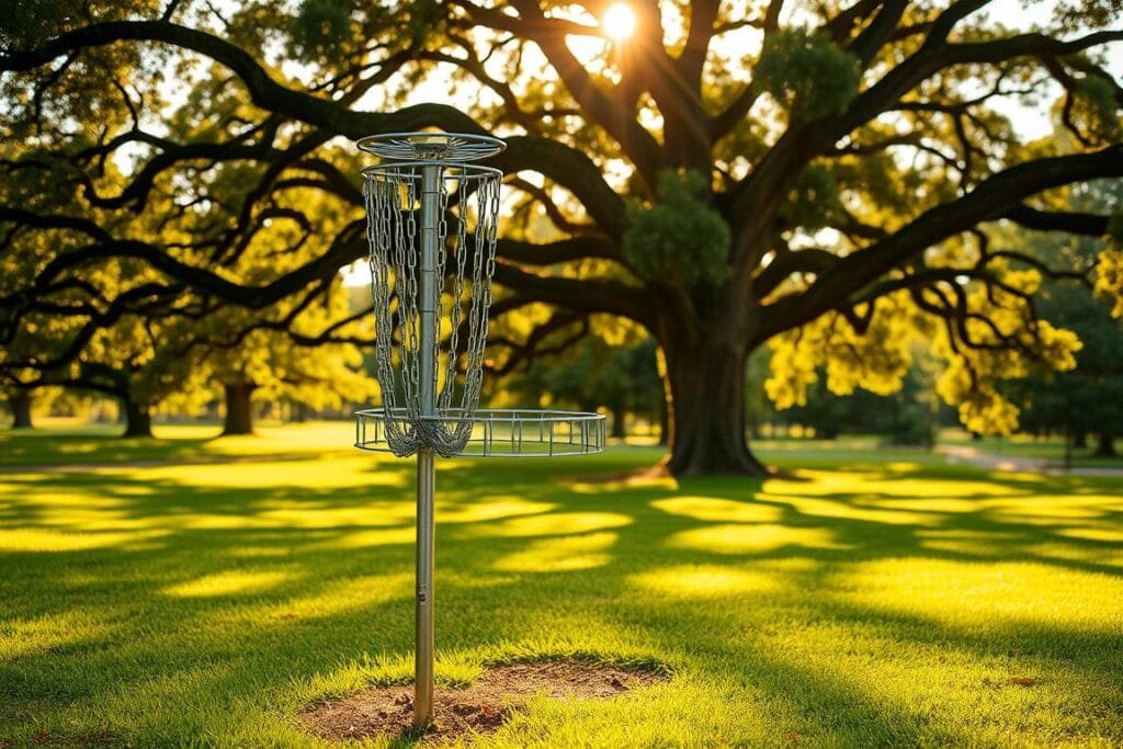 A disc golf target standing in a lush, verdant park, illuminated by warm, golden sunlight filtering through the leaves of towering oak trees. The target's metallic chains and pole are rendered in crisp detail, casting subtle shadows on the well-manicured grass below. The scene conveys a sense of tranquility and recreation, inviting the viewer to step into the serene outdoor setting and imagine the satisfying thud of a disc hitting its mark. A disc golf target standing in a lush, verdant park, illuminated by warm, golden sunlight filtering through the leaves of towering oak trees. The target's metallic chains and pole are rendered in crisp detail, casting subtle shadows on the well-manicured grass below. The scene conveys a sense of tranquility and recreation, inviting the viewer to step into the serene outdoor setting and imagine the satisfying thud of a disc hitting its mark.