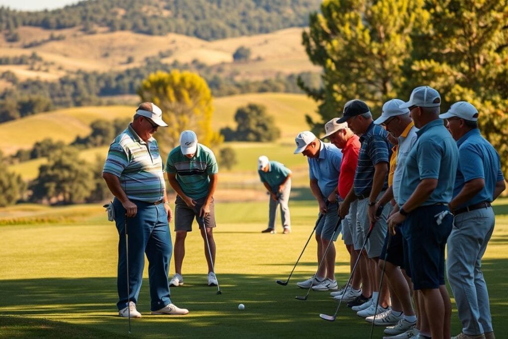 A diverse group of golfers in an Ambrose tournament, working together on a well-manicured course. In the foreground, teammates strategize and discuss their next move, expressions intense as they analyze the lie of the ball. The middle ground shows players lining up their shots, club heads glinting in the warm, golden sunlight. In the background, rolling hills and lush, verdant trees frame the scene, creating a serene, picturesque setting. The overall mood is one of camaraderie, focus, and the thrill of competitive play, as the team navigates the unique challenges of the Ambrose format. A diverse group of golfers in an Ambrose tournament, working together on a well-manicured course. In the foreground, teammates strategize and discuss their next move, expressions intense as they analyze the lie of the ball. The middle ground shows players lining up their shots, club heads glinting in the warm, golden sunlight. In the background, rolling hills and lush, verdant trees frame the scene, creating a serene, picturesque setting. The overall mood is one of camaraderie, focus, and the thrill of competitive play, as the team navigates the unique challenges of the Ambrose format.