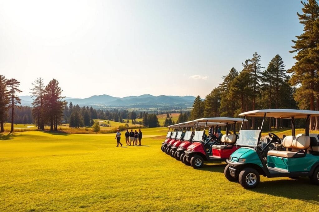 A fleet of colorful golf carts parked on a lush, manicured golf course under a bright, sun-dappled sky. The carts are positioned in the foreground, their sleek, aerodynamic designs showcasing their functionality for traversing the rolling fairways. In the middle ground, golfers are visible strolling along the course, dressed in their golfing attire. The background features a backdrop of towering pine trees and distant rolling hills, creating a serene and picturesque landscape. The scene is illuminated by warm, natural lighting, casting gentle shadows and highlighting the vibrant hues of the carts and the surrounding environment. The overall atmosphere conveys the tranquility and enjoyment of a day spent on the golf course. A fleet of colorful golf carts parked on a lush, manicured golf course under a bright, sun-dappled sky. The carts are positioned in the foreground, their sleek, aerodynamic designs showcasing their functionality for traversing the rolling fairways. In the middle ground, golfers are visible strolling along the course, dressed in their golfing attire. The background features a backdrop of towering pine trees and distant rolling hills, creating a serene and picturesque landscape. The scene is illuminated by warm, natural lighting, casting gentle shadows and highlighting the vibrant hues of the carts and the surrounding environment. The overall atmosphere conveys the tranquility and enjoyment of a day spent on the golf course.