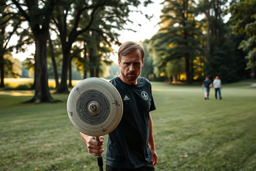 A frustrated disc golfer stands on the tee, club in hand, with a look of exasperation on their face. The course, framed by lush greenery and towering trees, is a serene backdrop to their inner turmoil. The sun casts soft, warm light, accentuating the player's tense posture and the worn, weathered disc in their grip. In the distance, other players casually stroll the fairway, unaware of the struggle unfolding before them. The scene captures the common experience of disc golf frustration, a reminder of the need for patience, understanding, and consideration for one's fellow players. A frustrated disc golfer stands on the tee, club in hand, with a look of exasperation on their face. The course, framed by lush greenery and towering trees, is a serene backdrop to their inner turmoil. The sun casts soft, warm light, accentuating the player's tense posture and the worn, weathered disc in their grip. In the distance, other players casually stroll the fairway, unaware of the struggle unfolding before them. The scene captures the common experience of disc golf frustration, a reminder of the need for patience, understanding, and consideration for one's fellow players.