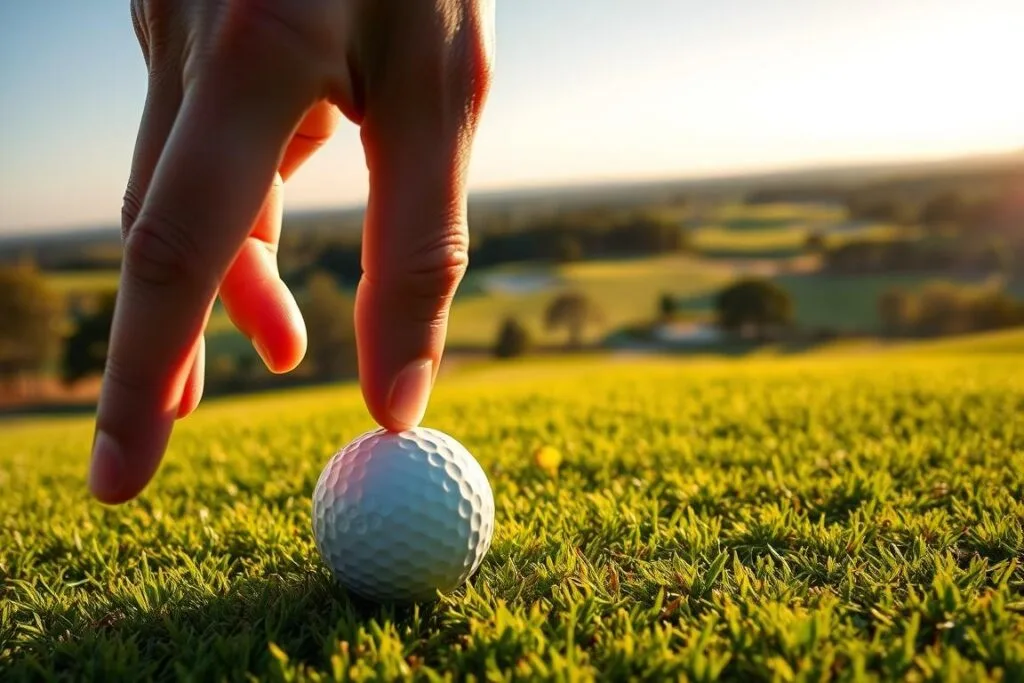 A golf ball resting on a lush fairway, with a golfer's hand reaching out to pick it up. The scene is bathed in warm, golden sunlight, creating a sense of tranquility and focus. The ball's surface reflects the surrounding environment, hinting at the care and attention required to play a provisional shot. In the background, a sprawling golf course unfolds, dotted with trees and bunkers, setting the stage for the decisive moment about to unfold.