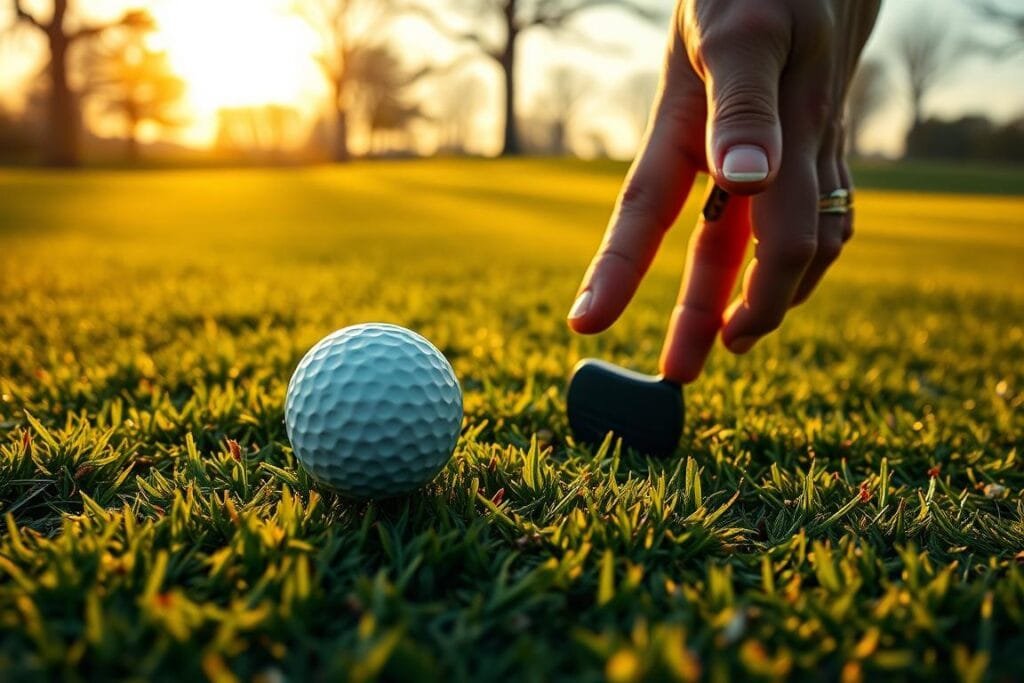 A golf ball resting on lush green fairway, with a golfer's hand reaching towards it, ready to strike. Warm, golden afternoon sunlight filters through sparse trees, casting soft shadows. The ball appears slightly scuffed, indicating it may be a provisional play. The scene conveys the anticipation and tension of a critical shot, as the player decides how to proceed with the lost original ball. Detailed textures, realistic depth of field, and a sense of photographic realism are essential. A golf ball resting on lush green fairway, with a golfer's hand reaching towards it, ready to strike. Warm, golden afternoon sunlight filters through sparse trees, casting soft shadows. The ball appears slightly scuffed, indicating it may be a provisional play. The scene conveys the anticipation and tension of a critical shot, as the player decides how to proceed with the lost original ball. Detailed textures, realistic depth of field, and a sense of photographic realism are essential.