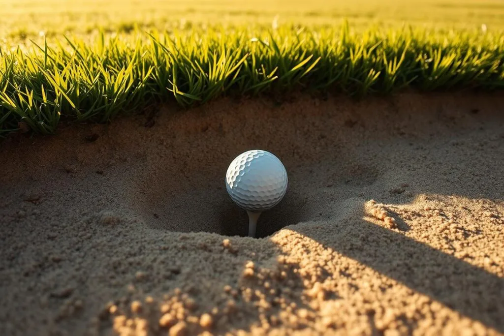 A golf ball resting precariously in a deep, sandy hazard, partially submerged, with lush green grass on the fairway just beyond the edge. Soft, warm afternoon lighting casts long shadows across the scene, creating a sense of drama and tension. The ball appears to be just out of reach, challenging the golfer to strategize their next shot. The composition focuses on the ball, with the hazard and fairway providing contextual framing. A feeling of challenge and opportunity permeates the image, reflecting the nuances of the Ambrose golf format.