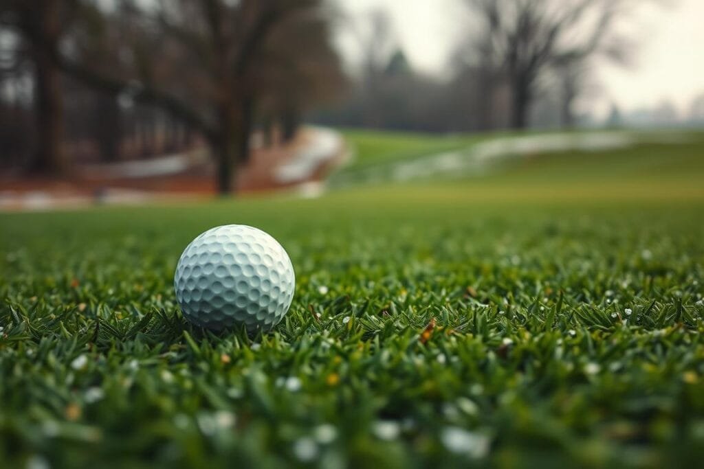 A golf ball sits nestled in the lush, emerald fairway, its dimpled surface glistening under the soft, diffused light of an overcast winter sky. The sprawling green expanse stretches out before it, framed by the muted tones of dormant trees in the distance. A light dusting of snow covers the edges of the fairway, creating a subtle contrast against the verdant grass. The camera angle is low, capturing the ball's perspective as it waits to be struck, emphasizing the tranquility and serenity of the winter golf course setting.