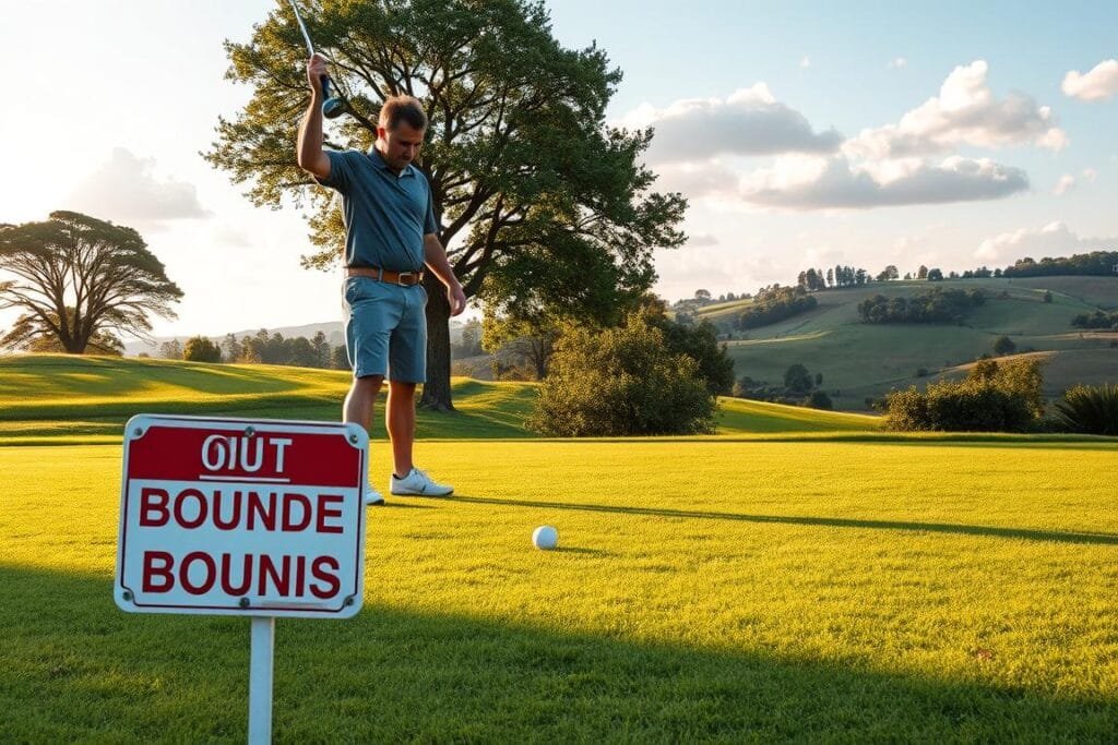 A golf course fairway in golden afternoon light, with a player standing over a ball that has gone out of bounds, their face expressing frustration. The player's golf club is raised, poised to take a penalty stroke. In the foreground, a sign clearly indicates the out of bounds area, its red and white colors standing out against the lush green grass. The background features a serene landscape of rolling hills, mature trees, and a blue sky dotted with fluffy white clouds, creating a sense of tranquility juxtaposed with the player's dilemma.