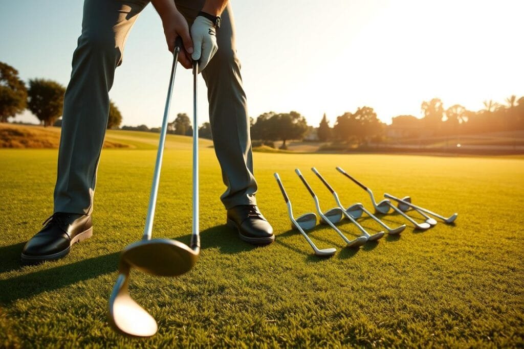 A golf course, perfectly manicured, with a player intently focused on a series of wedge practice drills. In the foreground, the player's hands grip the club, their stance and posture exemplifying the proper technique. The mid-ground showcases a variety of wedge clubs, each with its unique loft and bounce, while the background depicts practice targets, ranging from sand traps to elevated greens, creating a realistic training environment. Warm, golden sunlight bathes the scene, casting soft shadows and highlighting the player's determination. The image conveys a sense of dedication and the pursuit of mastering the art of wedge shots, essential for improving one's overall game. A golf course, perfectly manicured, with a player intently focused on a series of wedge practice drills. In the foreground, the player's hands grip the club, their stance and posture exemplifying the proper technique. The mid-ground showcases a variety of wedge clubs, each with its unique loft and bounce, while the background depicts practice targets, ranging from sand traps to elevated greens, creating a realistic training environment. Warm, golden sunlight bathes the scene, casting soft shadows and highlighting the player's determination. The image conveys a sense of dedication and the pursuit of mastering the art of wedge shots, essential for improving one's overall game.