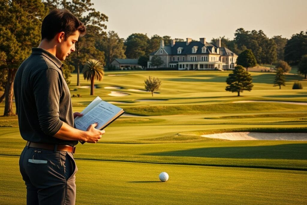 A golf course with a unique set of rules and exceptions, bathed in a warm, golden light. In the foreground, a player stands perplexed, rules handbook in hand, facing a tricky situation - a ball resting precariously close to a water hazard. The middle ground reveals a diverse array of fairway obstacles, from bunkers to trees, each with their own set of special considerations. In the background, the clubhouse stands as a beacon, its architecture hinting at the rich history and tradition of the game. The overall atmosphere evokes a sense of contemplation and the need for a deep understanding of the nuances that define the sport of golf. A golf course with a unique set of rules and exceptions, bathed in a warm, golden light. In the foreground, a player stands perplexed, rules handbook in hand, facing a tricky situation - a ball resting precariously close to a water hazard. The middle ground reveals a diverse array of fairway obstacles, from bunkers to trees, each with their own set of special considerations. In the background, the clubhouse stands as a beacon, its architecture hinting at the rich history and tradition of the game. The overall atmosphere evokes a sense of contemplation and the need for a deep understanding of the nuances that define the sport of golf.