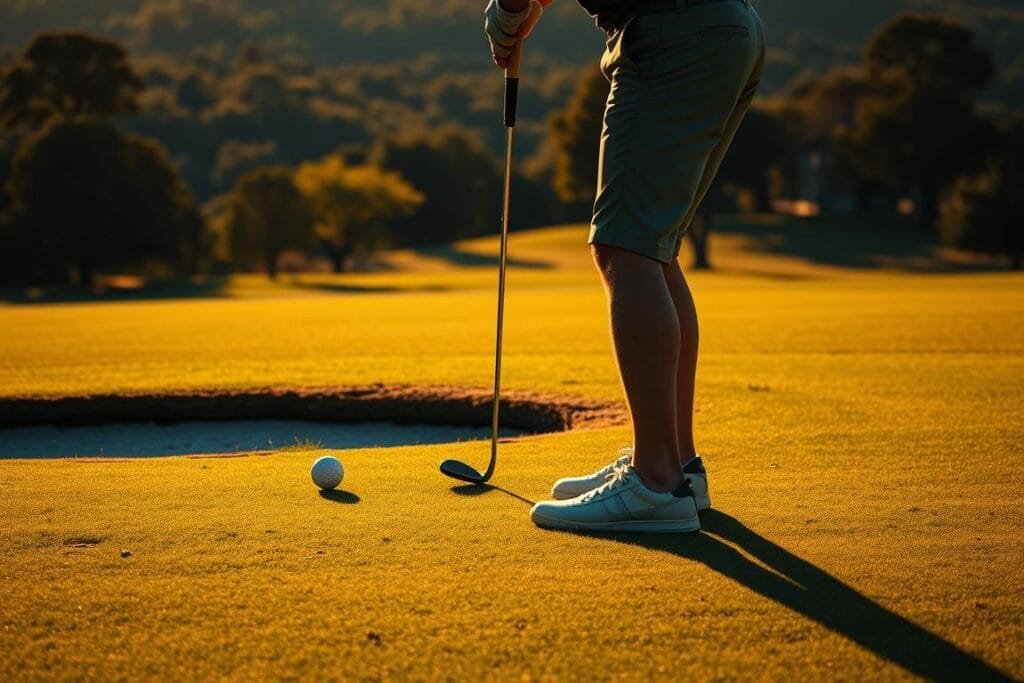 A golfer stands on the fairway, their ball resting uncertainly near a hazard. They prepare to strike a provisional shot, their stance focused and determined. The scene is bathed in warm, golden light, casting dramatic shadows that accentuate the golfer's movements. The background is a lush, verdant landscape dotted with trees and punctuated by the distant silhouette of the clubhouse. The camera angle is slightly elevated, providing a sense of perspective and emphasizing the golfer's poise and decision-making in this critical moment of the game.