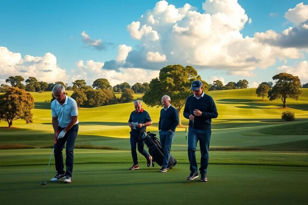 A group of four golfers in a competitive American Foursomes match, playing on a picturesque golf course. In the foreground, two players, one in a crisp white polo and the other in a navy blue sweater, stand over their golf balls, studying their next shots with intense concentration. In the middle ground, their partners walk alongside them, one carrying a golf bag and the other examining a yardage book. In the background, lush green fairways wind through rolling hills, dotted with mature trees casting soft, warm shadows. The sky is a brilliant blue, with fluffy white clouds drifting overhead, creating a serene and tranquil atmosphere perfect for this strategic and collaborative golf format. A group of four golfers in a competitive American Foursomes match, playing on a picturesque golf course. In the foreground, two players, one in a crisp white polo and the other in a navy blue sweater, stand over their golf balls, studying their next shots with intense concentration. In the middle ground, their partners walk alongside them, one carrying a golf bag and the other examining a yardage book. In the background, lush green fairways wind through rolling hills, dotted with mature trees casting soft, warm shadows. The sky is a brilliant blue, with fluffy white clouds drifting overhead, creating a serene and tranquil atmosphere perfect for this strategic and collaborative golf format.