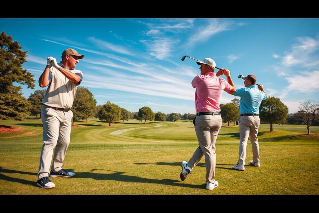 A group of four golfers on a picturesque course, mid-swing, captured in a dynamic wide-angle shot with natural lighting and a shallow depth of field. The golfers wear classic golf attire - collared shirts, khaki pants, and golf caps or visors. Their expressions show focused determination as they follow through on their shots. The fairway curves gracefully in the middle distance, flanked by well-manicured trees and a clear blue sky with wisps of clouds. The scene conveys the camaraderie and etiquette of a friendly round of golf. A group of four golfers on a picturesque course, mid-swing, captured in a dynamic wide-angle shot with natural lighting and a shallow depth of field. The golfers wear classic golf attire - collared shirts, khaki pants, and golf caps or visors. Their expressions show focused determination as they follow through on their shots. The fairway curves gracefully in the middle distance, flanked by well-manicured trees and a clear blue sky with wisps of clouds. The scene conveys the camaraderie and etiquette of a friendly round of golf.