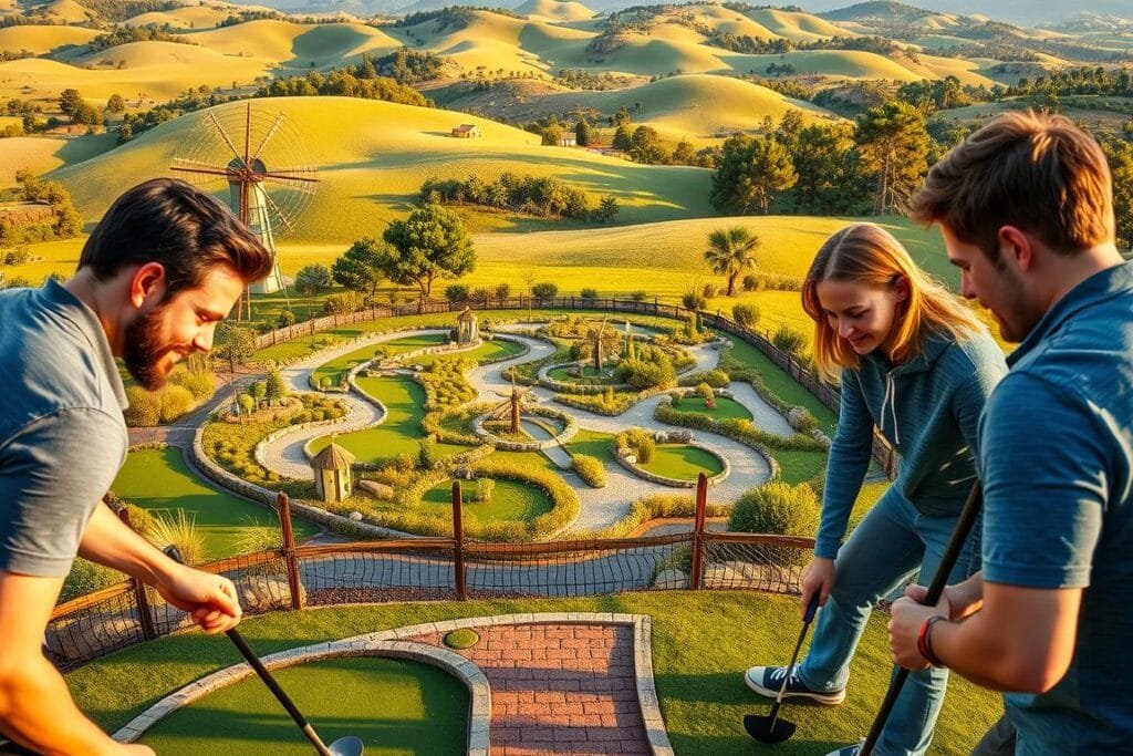 A group of friends playing a competitive round of mini golf on a picturesque course. In the foreground, three players carefully aim their putters, their faces filled with determination. In the middle ground, an intricate course layout with obstacles like windmills and water features. The background features a lush, verdant landscape with rolling hills and swaying trees, bathed in warm, golden afternoon sunlight. The scene exudes a sense of friendly rivalry and camaraderie, capturing the essence of a mini golf team outing. A group of friends playing a competitive round of mini golf on a picturesque course. In the foreground, three players carefully aim their putters, their faces filled with determination. In the middle ground, an intricate course layout with obstacles like windmills and water features. The background features a lush, verdant landscape with rolling hills and swaying trees, bathed in warm, golden afternoon sunlight. The scene exudes a sense of friendly rivalry and camaraderie, capturing the essence of a mini golf team outing.