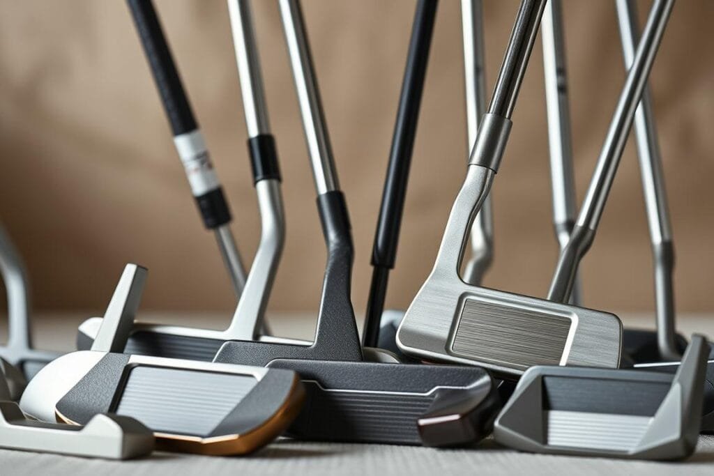 A highly detailed and realistic still life scene showcasing various types of golf putters. The foreground features a diverse array of putter heads in different shapes, sizes, and materials - from classic blade models to modern mallet designs, each with intricate textures and subtle brushed metal finishes. The middle ground showcases the putter shafts, ranging from steel to graphite, angled to provide a sense of depth and perspective. The background is a softly blurred, neutral-toned setting, allowing the putters to take center stage. The lighting is soft and natural, creating gentle shadows and highlights that accentuate the form and curves of the clubs. The entire scene is captured with a shallow depth of field, creating a sense of focus on the key putter elements. A highly detailed and realistic still life scene showcasing various types of golf putters. The foreground features a diverse array of putter heads in different shapes, sizes, and materials - from classic blade models to modern mallet designs, each with intricate textures and subtle brushed metal finishes. The middle ground showcases the putter shafts, ranging from steel to graphite, angled to provide a sense of depth and perspective. The background is a softly blurred, neutral-toned setting, allowing the putters to take center stage. The lighting is soft and natural, creating gentle shadows and highlights that accentuate the form and curves of the clubs. The entire scene is captured with a shallow depth of field, creating a sense of focus on the key putter elements.