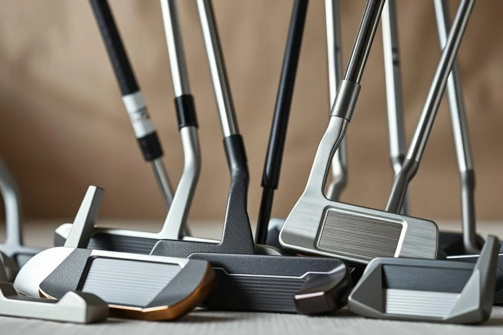 A highly detailed and realistic still life scene showcasing various types of golf putters. The foreground features a diverse array of putter heads in different shapes, sizes, and materials - from classic blade models to modern mallet designs, each with intricate textures and subtle brushed metal finishes. The middle ground showcases the putter shafts, ranging from steel to graphite, angled to provide a sense of depth and perspective. The background is a softly blurred, neutral-toned setting, allowing the putters to take center stage. The lighting is soft and natural, creating gentle shadows and highlights that accentuate the form and curves of the clubs. The entire scene is captured with a shallow depth of field, creating a sense of focus on the key putter elements.