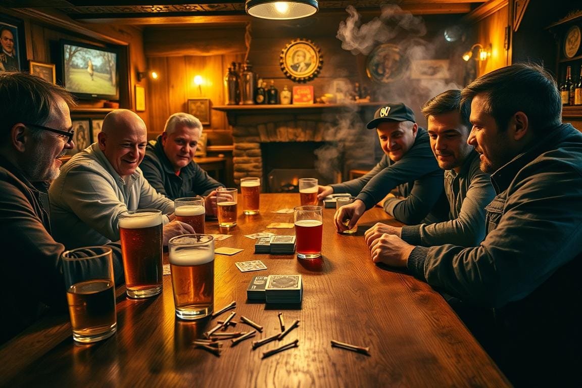 Learn the Pub Golf Rules: A Comprehensive Guide 4 A lively pub scene, with a group of friends gathered around a dimly lit oak table, engaged in a spirited game of pub golf. The foreground features a cluster of beer glasses, a deck of cards, and a scatter of golf tees, hinting at the competitive nature of the game. In the middle ground, the players, dressed in casual attire, lean in with expressions of concentration and camaraderie. The background is a warm, inviting atmosphere, with rustic wooden walls, a cozy fireplace, and a hint of cigarette smoke, evoking the quintessential pub ambiance. Soft, golden lighting casts a gentle glow, creating a comfortable and convivial mood.