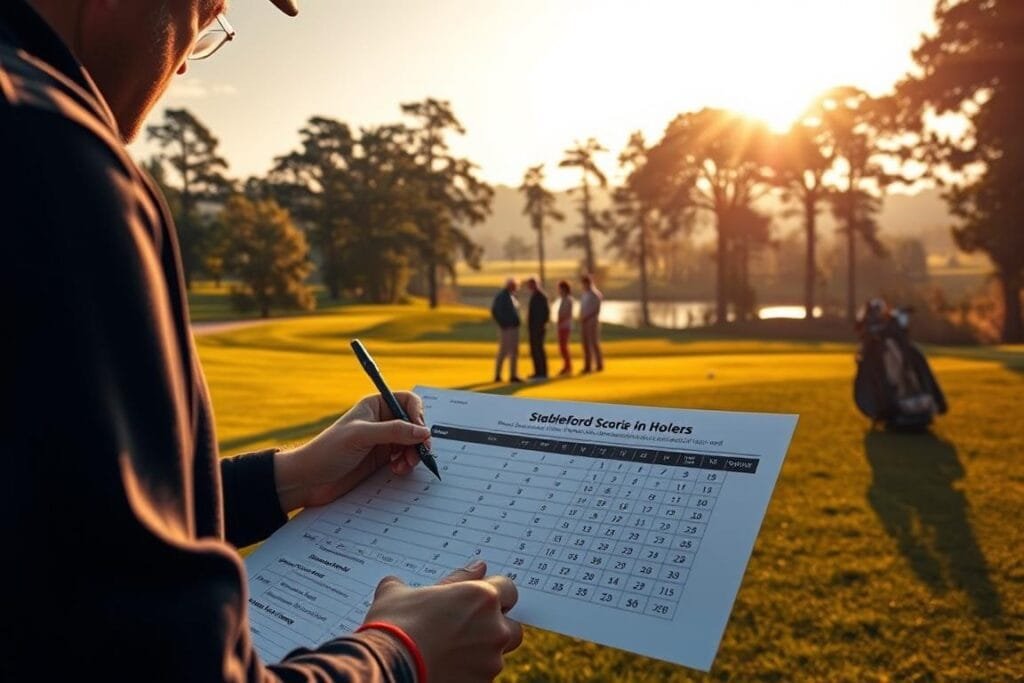 A lush golf course, the sun casting warm light across the rolling fairways. In the foreground, a golfer standing over a scorecard, pen in hand, contemplating their next move. The Stableford scoring system is elegantly displayed, with points allocated for each hole based on par. In the middle ground, a group of players strategizing, discussing the best approach to maximize their scores. The background features a stunning backdrop of towering trees and a tranquil pond, creating a serene and thoughtful atmosphere. Subtle details such as club grips, tee markers, and golf bags add depth and realism to the scene. The overall composition conveys the nuanced decision-making and strategic thinking required to excel at the Stableford scoring format. A lush golf course, the sun casting warm light across the rolling fairways. In the foreground, a golfer standing over a scorecard, pen in hand, contemplating their next move. The Stableford scoring system is elegantly displayed, with points allocated for each hole based on par. In the middle ground, a group of players strategizing, discussing the best approach to maximize their scores. The background features a stunning backdrop of towering trees and a tranquil pond, creating a serene and thoughtful atmosphere. Subtle details such as club grips, tee markers, and golf bags add depth and realism to the scene. The overall composition conveys the nuanced decision-making and strategic thinking required to excel at the Stableford scoring format.