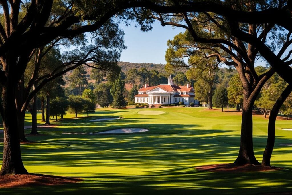 A lush, meticulously manicured golf course stretches out before the viewer, the fairways and greens a vibrant emerald hue, dotted with bunkers and water hazards that glisten in the warm sunlight. In the middle ground, towering pines and oak trees frame the scene, their branches casting dappled shadows across the landscape. In the distance, a gentle rolling hill rises, topped by a historic clubhouse with a classic white façade and red-tiled roof. The overall atmosphere is one of tranquility and elegance, evoking the refined, sophisticated ambiance of a premier LPGA tournament venue. A lush, meticulously manicured golf course stretches out before the viewer, the fairways and greens a vibrant emerald hue, dotted with bunkers and water hazards that glisten in the warm sunlight. In the middle ground, towering pines and oak trees frame the scene, their branches casting dappled shadows across the landscape. In the distance, a gentle rolling hill rises, topped by a historic clubhouse with a classic white façade and red-tiled roof. The overall atmosphere is one of tranquility and elegance, evoking the refined, sophisticated ambiance of a premier LPGA tournament venue.
