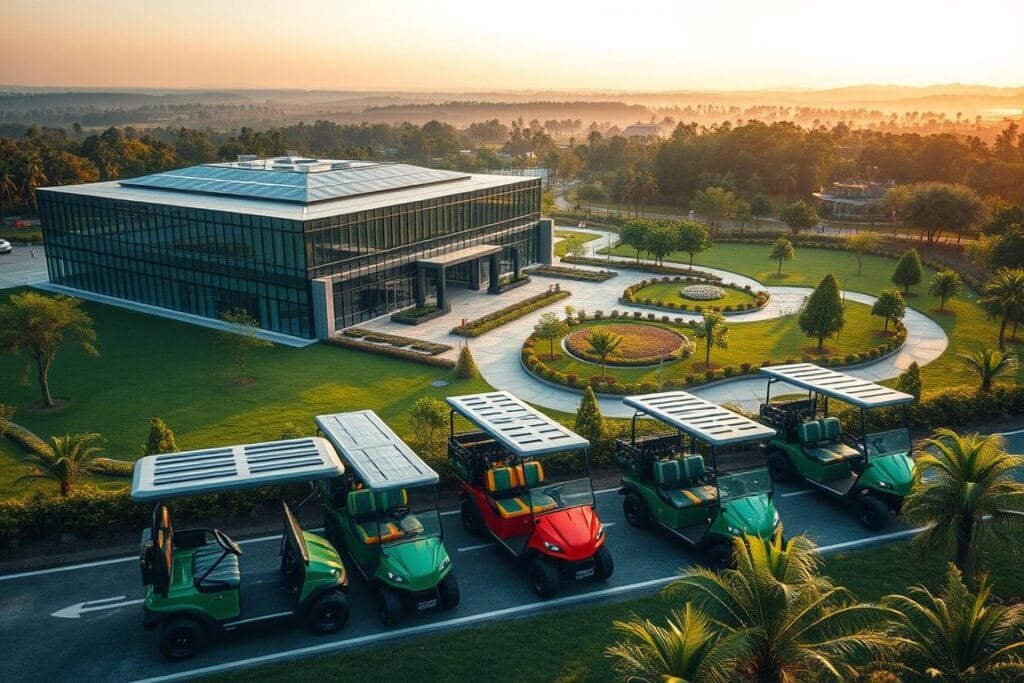 A lush, verdant eco-friendly manufacturing facility nestled in the heart of Garia Via, showcasing its commitment to sustainability. The foreground features sleek, energy-efficient electric golf carts in various vibrant colors, their zero-emission powertrains a testament to the company's green initiatives. In the middle ground, a modern, glass-encased building with solar panels adorning its rooftop, surrounded by neatly landscaped gardens and a network of pedestrian-friendly walkways. The background depicts a serene, tree-lined setting, with the distant horizon hinting at the natural beauty that permeates the entire scene. Warm, diffused lighting bathes the environment, creating a sense of harmony and balance between technology and nature. The overall composition conveys a vision of sustainable manufacturing, where innovation and environmental stewardship converge. A lush, verdant eco-friendly manufacturing facility nestled in the heart of Garia Via, showcasing its commitment to sustainability. The foreground features sleek, energy-efficient electric golf carts in various vibrant colors, their zero-emission powertrains a testament to the company's green initiatives. In the middle ground, a modern, glass-encased building with solar panels adorning its rooftop, surrounded by neatly landscaped gardens and a network of pedestrian-friendly walkways. The background depicts a serene, tree-lined setting, with the distant horizon hinting at the natural beauty that permeates the entire scene. Warm, diffused lighting bathes the environment, creating a sense of harmony and balance between technology and nature. The overall composition conveys a vision of sustainable manufacturing, where innovation and environmental stewardship converge.