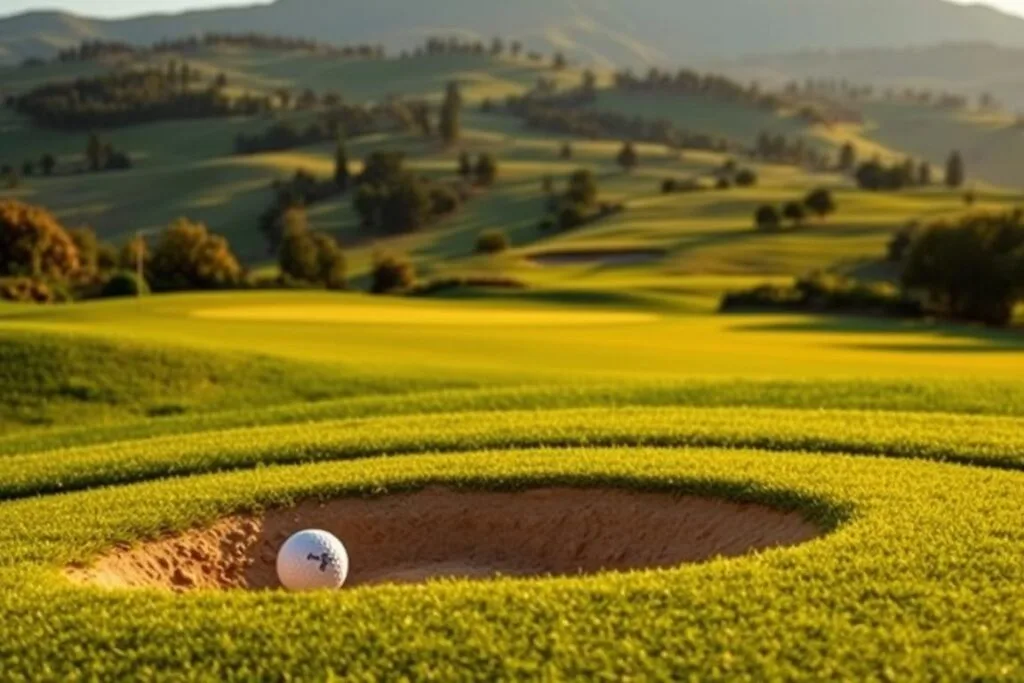 A lush, verdant golf course nestled in a picturesque landscape. In the foreground, a golfer's ball lies in a deep, sandy bunker, presenting a challenging unplayable lie. Warm, directional sunlight casts dramatic shadows across the undulating fairway, accentuating the course's contours. In the middle ground, a well-manicured putting green invites players to test their precision. The background features rolling hills dotted with clusters of towering trees, creating a tranquil, serene atmosphere. The scene conveys the strategic complexity and visual beauty of a golf course, setting the stage for the practical application of the unplayable ball rules.