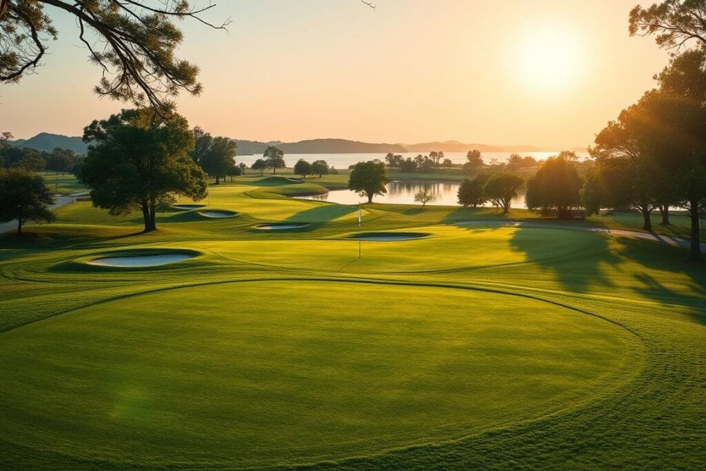 A lush, verdant golf course with well-manicured fairways and undulating greens. The sun casts a warm, golden glow over the landscape, creating a serene and inviting atmosphere. The putting surfaces are smooth and uniform, their emerald hues contrasting beautifully with the surrounding sand traps and bunkers. Mature trees line the periphery, their branches gently swaying in a light breeze. In the distance, a pristine lake reflects the sky, adding a tranquil element to the scene. The image conveys a sense of tranquility and the perfect conditions for practicing the "Rule of 12" on the green. A lush, verdant golf course with well-manicured fairways and undulating greens. The sun casts a warm, golden glow over the landscape, creating a serene and inviting atmosphere. The putting surfaces are smooth and uniform, their emerald hues contrasting beautifully with the surrounding sand traps and bunkers. Mature trees line the periphery, their branches gently swaying in a light breeze. In the distance, a pristine lake reflects the sky, adding a tranquil element to the scene. The image conveys a sense of tranquility and the perfect conditions for practicing the "Rule of 12" on the green.