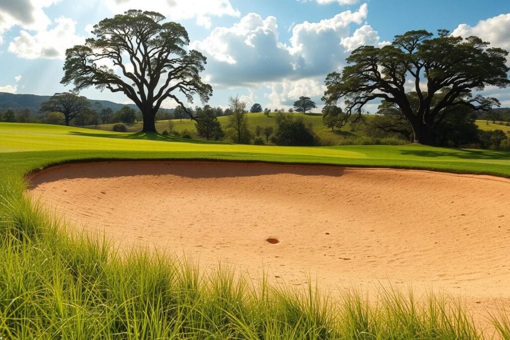 A lush, well-manicured golf course with a sprawling sand trap in the foreground. The bunker is filled with fine, golden sand, neatly raked and bordered by wispy, emerald-green grasses. Sunlight filters through fluffy clouds, casting a warm, natural glow over the scene. In the background, rolling hills dotted with towering oak trees frame the tranquil landscape. The image conveys a sense of serene, yet challenging, conditions for navigating the essential rules and techniques of playing from a golf bunker. A lush, well-manicured golf course with a sprawling sand trap in the foreground. The bunker is filled with fine, golden sand, neatly raked and bordered by wispy, emerald-green grasses. Sunlight filters through fluffy clouds, casting a warm, natural glow over the scene. In the background, rolling hills dotted with towering oak trees frame the tranquil landscape. The image conveys a sense of serene, yet challenging, conditions for navigating the essential rules and techniques of playing from a golf bunker.