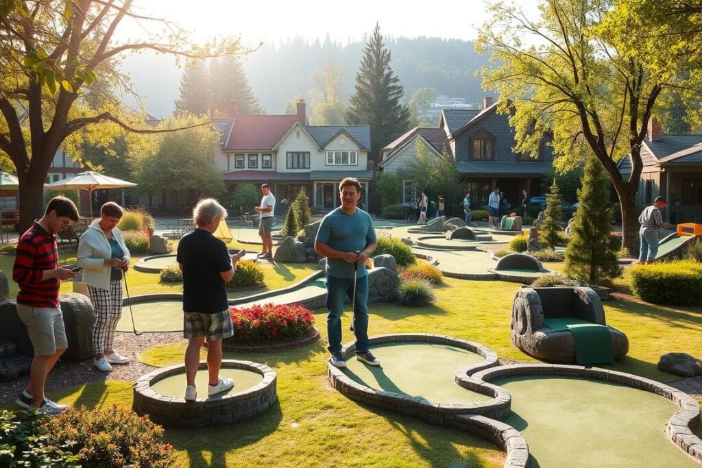 A lush, well-manicured mini golf course set against a backdrop of a charming, quaint town. In the foreground, players demonstrate proper etiquette - waiting patiently for their turn, offering encouragement to their opponents, and carefully tending to their balls and clubs. The sunlight filters through the trees, casting a warm, inviting glow across the scene. The course features a variety of creative obstacles and obstacles, challenging players to navigate with skill and sportsmanship. The overall atmosphere is one of friendly competition and lighthearted fun, capturing the essence of the mini golf experience. A lush, well-manicured mini golf course set against a backdrop of a charming, quaint town. In the foreground, players demonstrate proper etiquette - waiting patiently for their turn, offering encouragement to their opponents, and carefully tending to their balls and clubs. The sunlight filters through the trees, casting a warm, inviting glow across the scene. The course features a variety of creative obstacles and obstacles, challenging players to navigate with skill and sportsmanship. The overall atmosphere is one of friendly competition and lighthearted fun, capturing the essence of the mini golf experience.