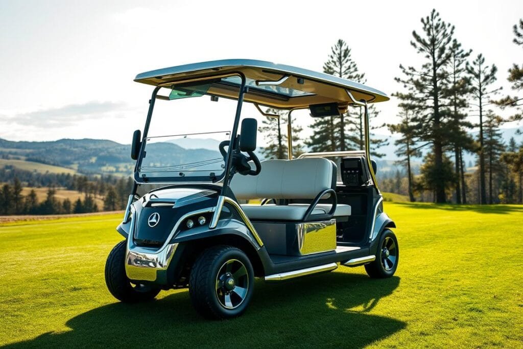 A luxurious electric golf cart ensemble, bathed in sleek chrome and brushed aluminum, glides effortlessly across a manicured green. Elegant contours and aerodynamic lines suggest uncompromising performance, while advanced lithium-ion batteries hum with clean, silent power. Soft leather seats and a minimalist dashboard with intuitive touchscreen controls invite the driver to relish the journey. Overhead, a panoramic glass canopy filters dappled sunlight, casting a warm, sophisticated ambiance. In the distance, rolling hills and towering pines form a picturesque backdrop, creating a harmonious fusion of technology and nature. This is the future of golf, where eco-conscious indulgence meets unparalleled driving pleasure. A luxurious electric golf cart ensemble, bathed in sleek chrome and brushed aluminum, glides effortlessly across a manicured green. Elegant contours and aerodynamic lines suggest uncompromising performance, while advanced lithium-ion batteries hum with clean, silent power. Soft leather seats and a minimalist dashboard with intuitive touchscreen controls invite the driver to relish the journey. Overhead, a panoramic glass canopy filters dappled sunlight, casting a warm, sophisticated ambiance. In the distance, rolling hills and towering pines form a picturesque backdrop, creating a harmonious fusion of technology and nature. This is the future of golf, where eco-conscious indulgence meets unparalleled driving pleasure.