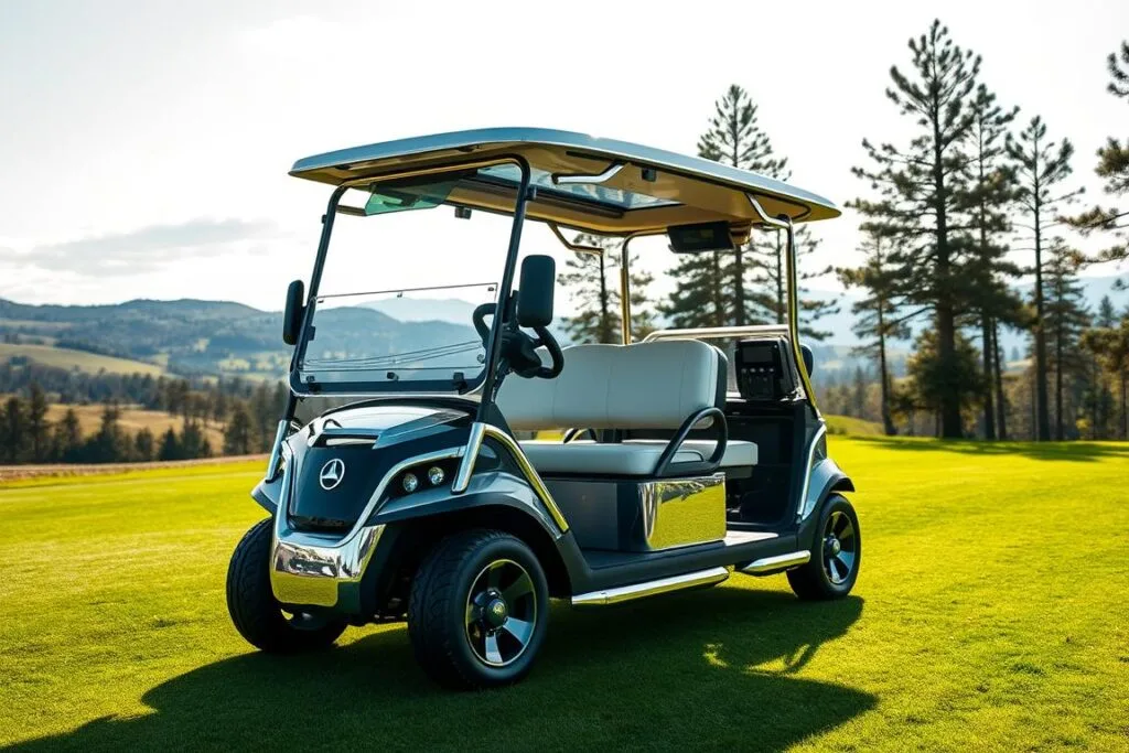 A luxurious electric golf cart ensemble, bathed in sleek chrome and brushed aluminum, glides effortlessly across a manicured green. Elegant contours and aerodynamic lines suggest uncompromising performance, while advanced lithium-ion batteries hum with clean, silent power. Soft leather seats and a minimalist dashboard with intuitive touchscreen controls invite the driver to relish the journey. Overhead, a panoramic glass canopy filters dappled sunlight, casting a warm, sophisticated ambiance. In the distance, rolling hills and towering pines form a picturesque backdrop, creating a harmonious fusion of technology and nature. This is the future of golf, where eco-conscious indulgence meets unparalleled driving pleasure.