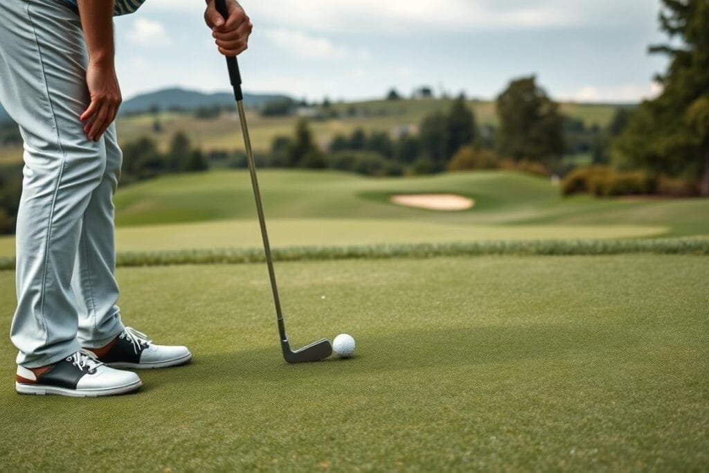 A meticulously composed scene depicting a golfer in the midst of a match play round, standing over a critical putt on a well-manicured green. The foreground features the golfer's focused expression, the putter in their hands, and the ball poised on the edge of the cup. The middle ground showcases the neatly trimmed fairway leading up to the green, with bunkers and strategically placed hazards creating a sense of challenge. The background is filled with a lush, verdant landscape, with a hint of rolling hills and a clear, overcast sky. The lighting is soft and natural, casting subtle shadows that accentuate the contours of the course. The overall atmosphere conveys the tension and strategic decision-making inherent in a high-stakes match play scenario.