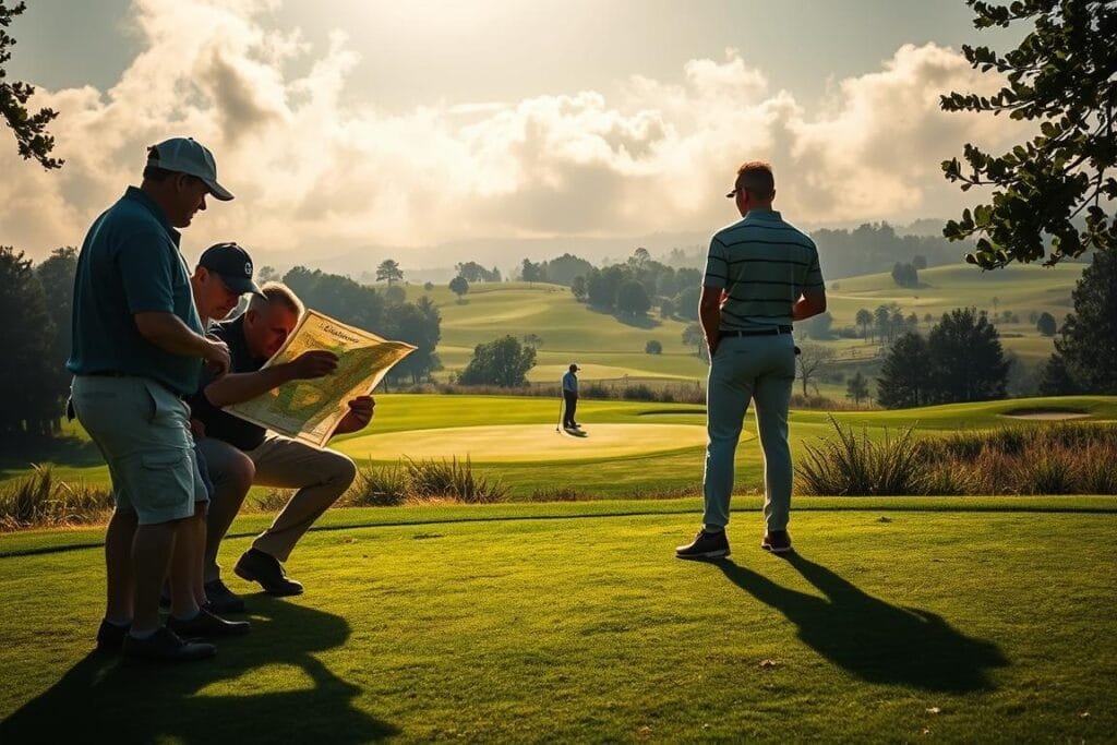 A meticulously composed scene of a golf skins game strategy unfolding on a lush, verdant golf course. In the foreground, a group of golfers huddle intently, poring over a detailed course map and discussing their next moves. Soft, natural lighting filters through wispy clouds, casting a warm, contemplative atmosphere. In the middle ground, two players square off on the putting green, their body language conveying the high stakes and competitive tension. The background reveals the sweeping vistas of the golf course, with sand traps, water hazards, and undulating fairways providing a strategic challenge. The image captures the essence of the golf skins game, where skill, strategy, and nerves of steel converge to determine the ultimate victor. A meticulously composed scene of a golf skins game strategy unfolding on a lush, verdant golf course. In the foreground, a group of golfers huddle intently, poring over a detailed course map and discussing their next moves. Soft, natural lighting filters through wispy clouds, casting a warm, contemplative atmosphere. In the middle ground, two players square off on the putting green, their body language conveying the high stakes and competitive tension. The background reveals the sweeping vistas of the golf course, with sand traps, water hazards, and undulating fairways providing a strategic challenge. The image captures the essence of the golf skins game, where skill, strategy, and nerves of steel converge to determine the ultimate victor.