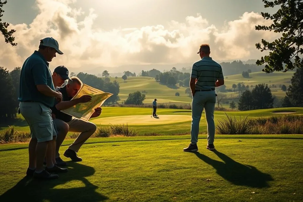 A meticulously composed scene of a golf skins game strategy unfolding on a lush, verdant golf course. In the foreground, a group of golfers huddle intently, poring over a detailed course map and discussing their next moves. Soft, natural lighting filters through wispy clouds, casting a warm, contemplative atmosphere. In the middle ground, two players square off on the putting green, their body language conveying the high stakes and competitive tension. The background reveals the sweeping vistas of the golf course, with sand traps, water hazards, and undulating fairways providing a strategic challenge. The image captures the essence of the golf skins game, where skill, strategy, and nerves of steel converge to determine the ultimate victor. A meticulously composed scene of a golf skins game strategy unfolding on a lush, verdant golf course. In the foreground, a group of golfers huddle intently, poring over a detailed course map and discussing their next moves. Soft, natural lighting filters through wispy clouds, casting a warm, contemplative atmosphere. In the middle ground, two players square off on the putting green, their body language conveying the high stakes and competitive tension. The background reveals the sweeping vistas of the golf course, with sand traps, water hazards, and undulating fairways providing a strategic challenge. The image captures the essence of the golf skins game, where skill, strategy, and nerves of steel converge to determine the ultimate victor.