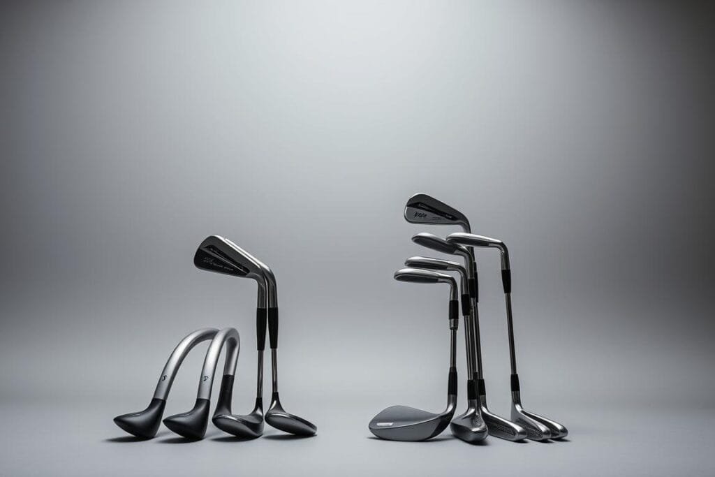 A meticulously crafted still life capturing a side-by-side comparison of hybrid golf clubs and their traditional counterparts. Set against a neutral grey background, the clubs are arranged in an elegant, symmetrical composition, allowing for a detailed examination of their distinct features and design elements. Soft, diffused lighting from above casts gentle shadows, emphasizing the sleek, modern lines of the hybrids and the classic aesthetics of the traditional clubs. The scene conveys a sense of thoughtful analysis, inviting the viewer to closely observe and appreciate the nuanced differences between these two golf club types. A meticulously crafted still life capturing a side-by-side comparison of hybrid golf clubs and their traditional counterparts. Set against a neutral grey background, the clubs are arranged in an elegant, symmetrical composition, allowing for a detailed examination of their distinct features and design elements. Soft, diffused lighting from above casts gentle shadows, emphasizing the sleek, modern lines of the hybrids and the classic aesthetics of the traditional clubs. The scene conveys a sense of thoughtful analysis, inviting the viewer to closely observe and appreciate the nuanced differences between these two golf club types.