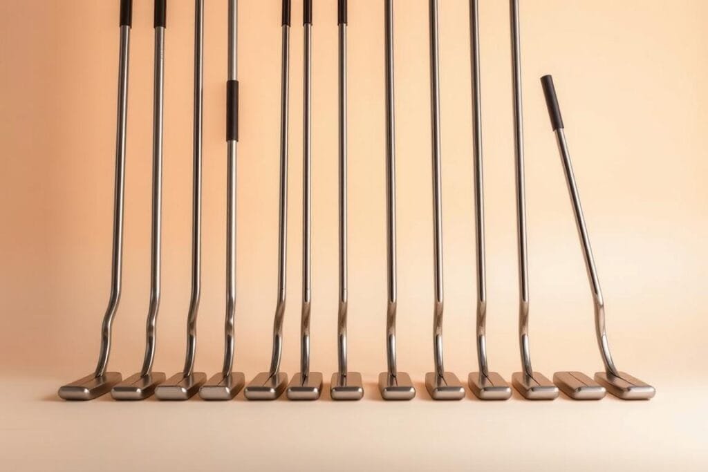 A meticulously crafted still life showcasing a diverse array of putter lengths, arranged against a soft, neutral background. The putters are positioned with precision, their shafts and clubheads clearly visible, allowing for a detailed examination of the varying lengths. Warm, even lighting highlights the sleek, polished finishes, creating a sense of sophistication and refinement. The composition is balanced, drawing the viewer's eye to the subtle differences in size and design between the different putter options. This image provides a comprehensive visual reference for understanding the nuances of putter length selection, perfectly complementing the informative "Putter Length Options" section of the golf equipment article. A meticulously crafted still life showcasing a diverse array of putter lengths, arranged against a soft, neutral background. The putters are positioned with precision, their shafts and clubheads clearly visible, allowing for a detailed examination of the varying lengths. Warm, even lighting highlights the sleek, polished finishes, creating a sense of sophistication and refinement. The composition is balanced, drawing the viewer's eye to the subtle differences in size and design between the different putter options. This image provides a comprehensive visual reference for understanding the nuances of putter length selection, perfectly complementing the informative "Putter Length Options" section of the golf equipment article.