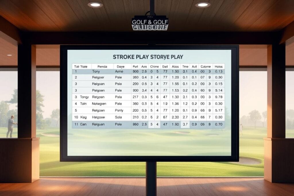 A meticulously detailed digital illustration of a golf scoreboard showcasing the stroke play scoring system. The foreground features a well-lit, high-resolution display showing a scorecard with player names, holes, and scores clearly visible. The middle ground depicts a modern, minimalist clubhouse setting with subtle textures and warm lighting, creating a sense of atmosphere. The background subtly blends fairways, bunkers, and trees, suggesting the broader golf course environment. The overall scene conveys a professional, informative tone suitable for illustrating the concept of "Scoring and Handicap Systems in Foursomes." A meticulously detailed digital illustration of a golf scoreboard showcasing the stroke play scoring system. The foreground features a well-lit, high-resolution display showing a scorecard with player names, holes, and scores clearly visible. The middle ground depicts a modern, minimalist clubhouse setting with subtle textures and warm lighting, creating a sense of atmosphere. The background subtly blends fairways, bunkers, and trees, suggesting the broader golf course environment. The overall scene conveys a professional, informative tone suitable for illustrating the concept of "Scoring and Handicap Systems in Foursomes."