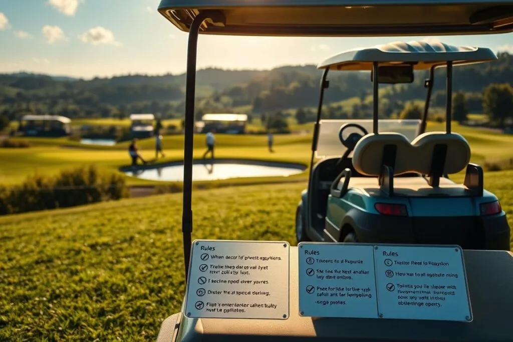 A meticulously detailed golf cart resting on a well-manicured course, its sleek design and vibrant colors reflecting the afternoon sun. In the foreground, a neatly organized set of signage outlines the key rules and regulations for safe and responsible cart usage, conveying a sense of order and professionalism. The middle ground features golfers navigating the course, mindfully adhering to the guidelines displayed. In the background, a picturesque landscape with lush greenery, tranquil water features, and rolling hills sets the scene for a serene golfing experience. Crisp, high-resolution rendering with a cinematic depth of field, capturing the essence of golf cart etiquette in a visually compelling manner.