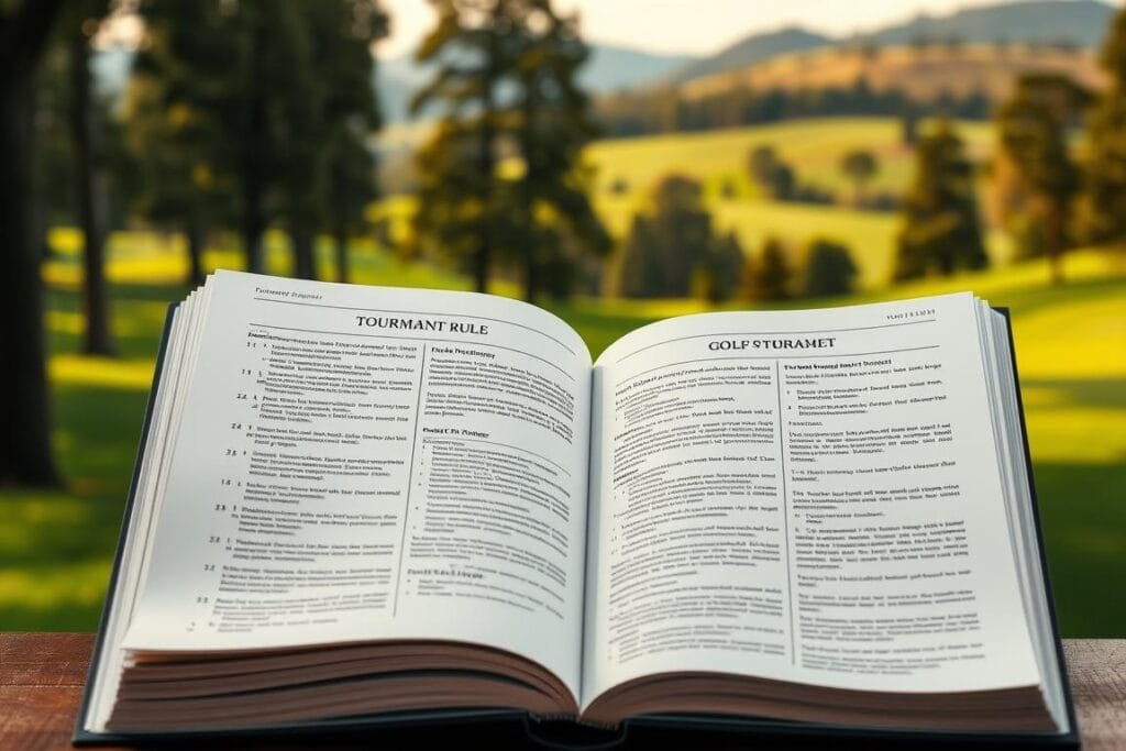 A meticulously detailed golf tournament rule book, its pages open to reveal a comprehensive set of regulations governing tournament play. The book is set against a backdrop of a lush, verdant golf course, with towering trees and rolling hills in the distance. Soft, natural lighting filters through the scene, casting a warm, serene atmosphere. The rule book's pages are crisp and well-organized, with clear, legible text and precise diagrams illustrating key tournament procedures and protocols. The overall composition conveys a sense of professionalism, authority, and attention to detail, reflecting the rigorous standards and protocols of a prestigious golf tournament. A meticulously detailed golf tournament rule book, its pages open to reveal a comprehensive set of regulations governing tournament play. The book is set against a backdrop of a lush, verdant golf course, with towering trees and rolling hills in the distance. Soft, natural lighting filters through the scene, casting a warm, serene atmosphere. The rule book's pages are crisp and well-organized, with clear, legible text and precise diagrams illustrating key tournament procedures and protocols. The overall composition conveys a sense of professionalism, authority, and attention to detail, reflecting the rigorous standards and protocols of a prestigious golf tournament.
