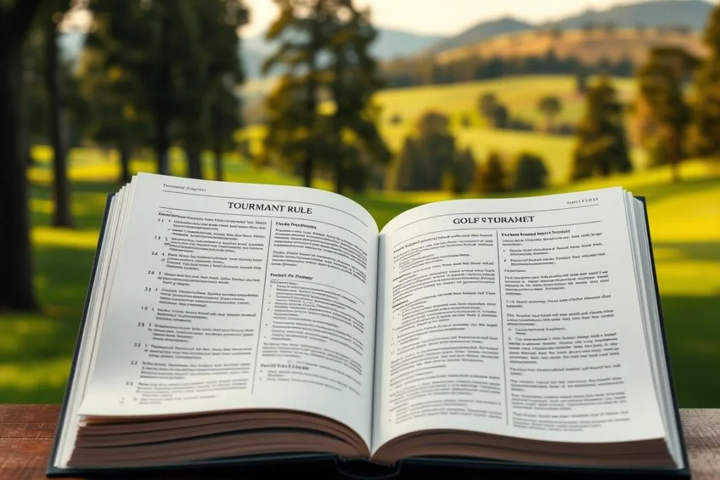 A meticulously detailed golf tournament rule book, its pages open to reveal a comprehensive set of regulations governing tournament play. The book is set against a backdrop of a lush, verdant golf course, with towering trees and rolling hills in the distance. Soft, natural lighting filters through the scene, casting a warm, serene atmosphere. The rule book's pages are crisp and well-organized, with clear, legible text and precise diagrams illustrating key tournament procedures and protocols. The overall composition conveys a sense of professionalism, authority, and attention to detail, reflecting the rigorous standards and protocols of a prestigious golf tournament.