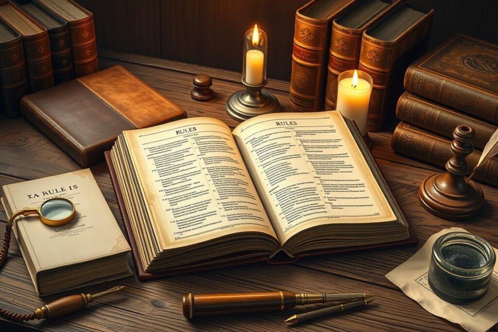 A meticulously detailed illustration of the "R&A Rules" in the style of an antique technical manual. A central tome rests on a weathered wooden table, its pages open to reveal intricate diagrams and typeset text explaining the modern codification of golf's governing statutes. Surrounding the tome are various vintage golfing accoutrements - a set of worn leather-bound rule books, a brass monocle, a quill pen, an inkwell - all bathed in the warm, soft light of a single candle flickering in the background. The overall tone is one of historical gravitas and scholarly contemplation.
