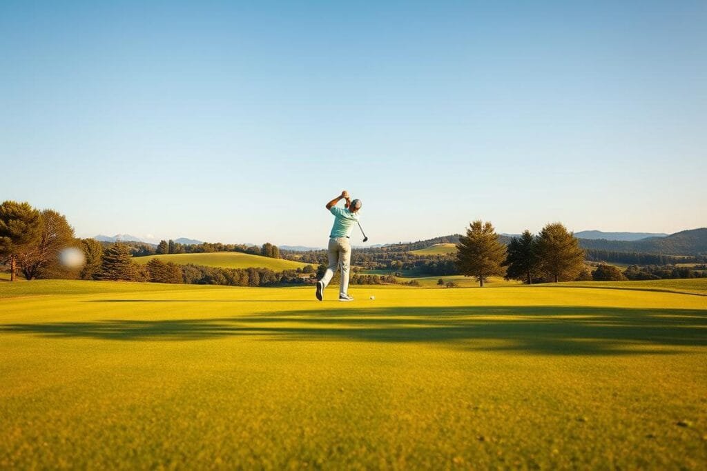 A meticulously rendered golf course on a sunny afternoon, the fairways and greens stretching out in the foreground. In the center, a golfer takes their shot, their club raised high as they aim for the hole. The background features a picturesque landscape, with rolling hills, lush trees, and a cloudless blue sky. The lighting is natural and warm, casting long shadows and highlighting the vibrant colors of the course. The composition is balanced, with the golfer and the hole as the focal points, surrounded by the serene and inviting environment. The attention to detail is exceptional, capturing the essence of a perfect golf shot and the pursuit of the maximum hole score. A meticulously rendered golf course on a sunny afternoon, the fairways and greens stretching out in the foreground. In the center, a golfer takes their shot, their club raised high as they aim for the hole. The background features a picturesque landscape, with rolling hills, lush trees, and a cloudless blue sky. The lighting is natural and warm, casting long shadows and highlighting the vibrant colors of the course. The composition is balanced, with the golfer and the hole as the focal points, surrounded by the serene and inviting environment. The attention to detail is exceptional, capturing the essence of a perfect golf shot and the pursuit of the maximum hole score.