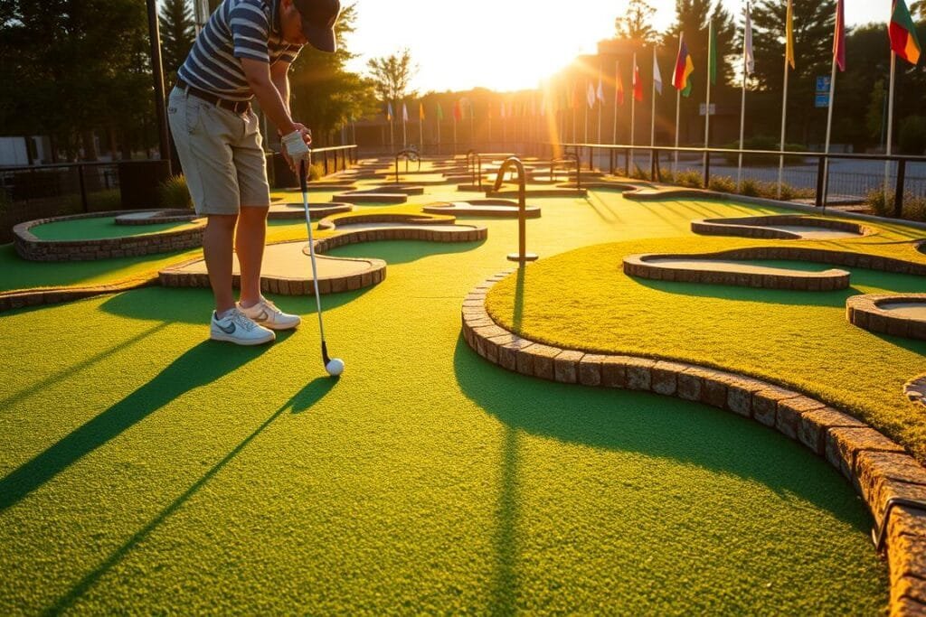 A neatly manicured miniature golf course, with vibrant green artificial turf and strategically placed obstacles such as loops, hills, and curves. The scene is bathed in warm, golden sunlight, casting long shadows and creating a sense of depth and dimension. In the foreground, a golfer is carefully lining up their putt, their focus and concentration palpable. The background features a colorful array of flags and signage, providing a sense of the overall putt-putt golf experience. The image conveys the fun, recreational nature of the sport, with a touch of competitive spirit.